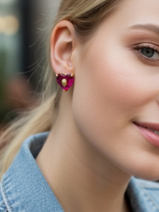 Kurt Geiger Jewelry - Kurt Geiger Hot Pink Heart Crystal Stud Earrings with Gold Accents